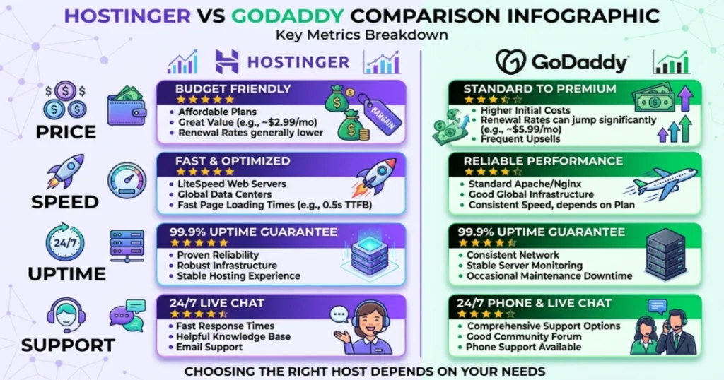 Hostinger vs GoDaddy comparison infographic – price, speed, uptime, support